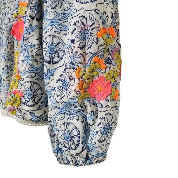 Love The Label Floral Boho Top XS Embroidered Ruffle Smocked Balloon Sleeve - Picture 4 of 10